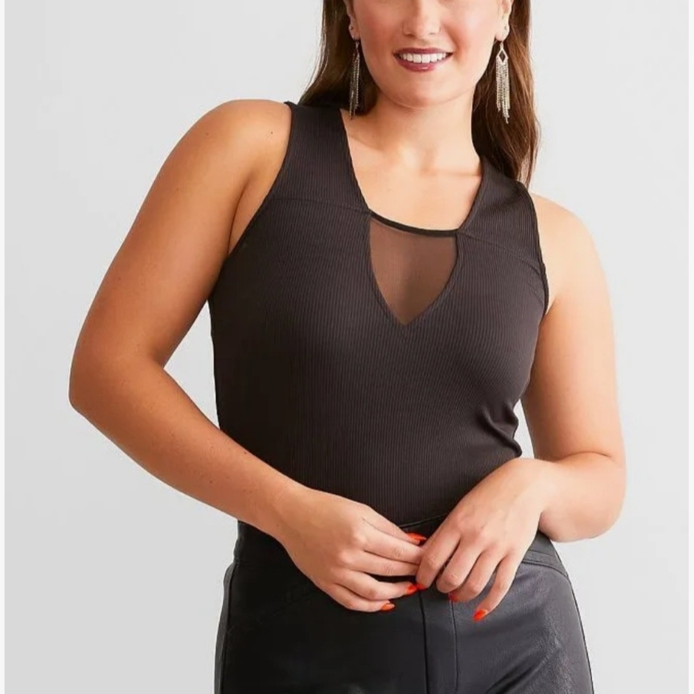 Buckle Black Sleeveless Tank Top With Mesh Window M